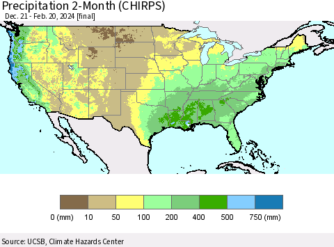 United States Precipitation 2-Month (CHIRPS) Thematic Map For 12/21/2023 - 2/20/2024