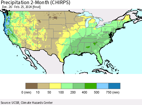 United States Precipitation 2-Month (CHIRPS) Thematic Map For 12/26/2023 - 2/25/2024