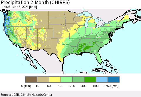 United States Precipitation 2-Month (CHIRPS) Thematic Map For 1/6/2024 - 3/5/2024