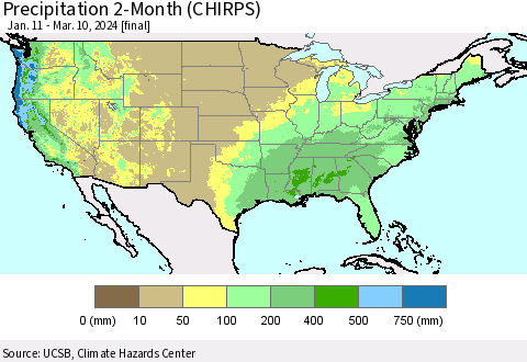United States Precipitation 2-Month (CHIRPS) Thematic Map For 1/11/2024 - 3/10/2024