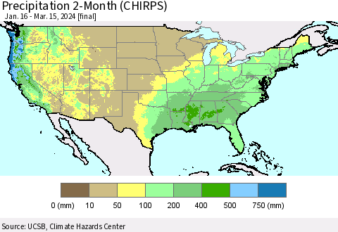 United States Precipitation 2-Month (CHIRPS) Thematic Map For 1/16/2024 - 3/15/2024