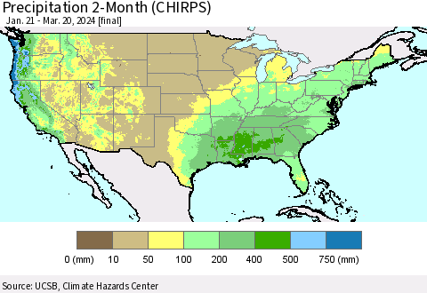 United States Precipitation 2-Month (CHIRPS) Thematic Map For 1/21/2024 - 3/20/2024