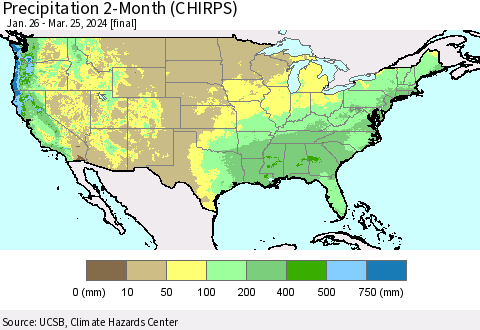United States Precipitation 2-Month (CHIRPS) Thematic Map For 1/26/2024 - 3/25/2024
