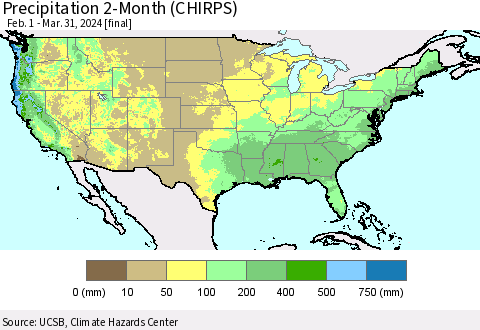 United States Precipitation 2-Month (CHIRPS) Thematic Map For 2/1/2024 - 3/31/2024