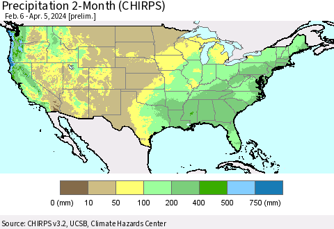 United States Precipitation 2-Month (CHIRPS) Thematic Map For 2/6/2024 - 4/5/2024
