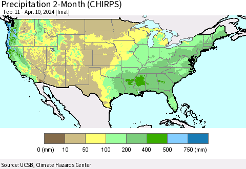 United States Precipitation 2-Month (CHIRPS) Thematic Map For 2/11/2024 - 4/10/2024