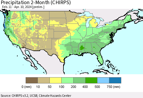United States Precipitation 2-Month (CHIRPS) Thematic Map For 2/11/2024 - 4/10/2024