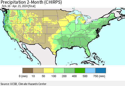 United States Precipitation 2-Month (CHIRPS) Thematic Map For 2/16/2024 - 4/15/2024