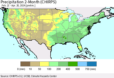 United States Precipitation 2-Month (CHIRPS) Thematic Map For 2/21/2024 - 4/20/2024