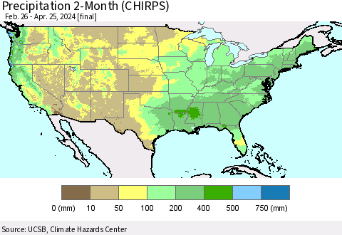 United States Precipitation 2-Month (CHIRPS) Thematic Map For 2/26/2024 - 4/25/2024