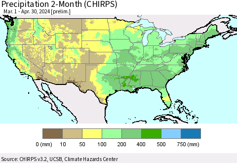 United States Precipitation 2-Month (CHIRPS) Thematic Map For 3/1/2024 - 4/30/2024