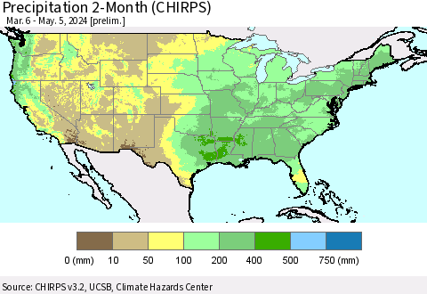 United States Precipitation 2-Month (CHIRPS) Thematic Map For 3/6/2024 - 5/5/2024