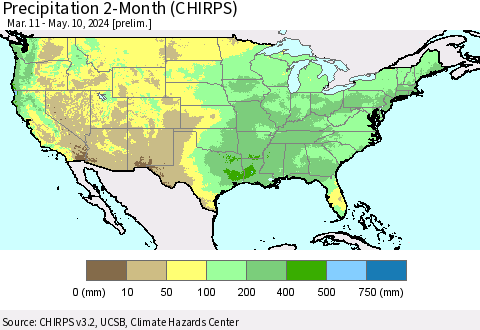 United States Precipitation 2-Month (CHIRPS) Thematic Map For 3/11/2024 - 5/10/2024