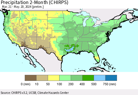 United States Precipitation 2-Month (CHIRPS) Thematic Map For 3/21/2024 - 5/20/2024