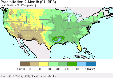 United States Precipitation 2-Month (CHIRPS) Thematic Map For 3/26/2024 - 5/25/2024