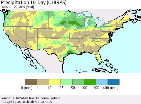 United States Precipitation 10-Day (CHIRPS) Thematic Map For 9/11/2019 - 9/20/2019