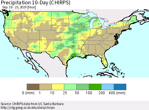 United States Precipitation 10-Day (CHIRPS) Thematic Map For 9/16/2019 - 9/25/2019