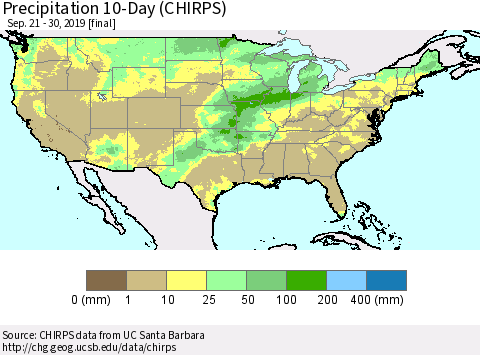 United States Precipitation 10-Day (CHIRPS) Thematic Map For 9/21/2019 - 9/30/2019