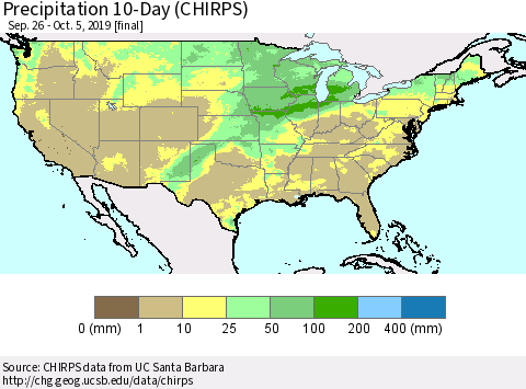 United States Precipitation 10-Day (CHIRPS) Thematic Map For 9/26/2019 - 10/5/2019