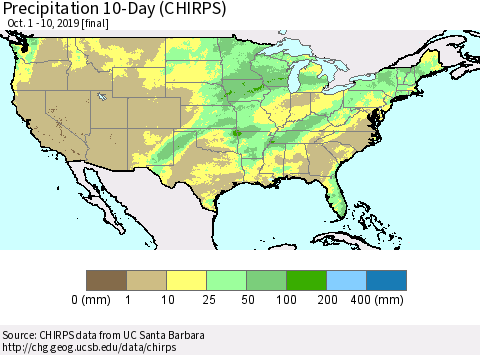 United States Precipitation 10-Day (CHIRPS) Thematic Map For 10/1/2019 - 10/10/2019