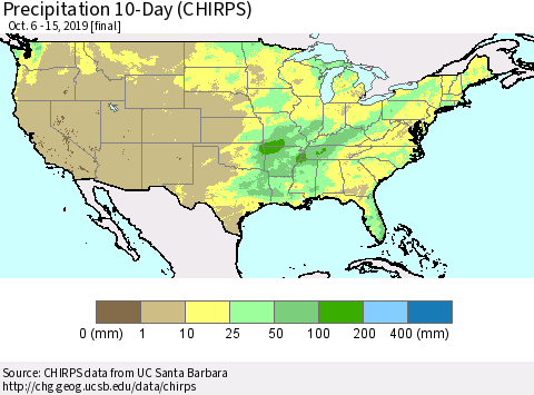 United States Precipitation 10-Day (CHIRPS) Thematic Map For 10/6/2019 - 10/15/2019