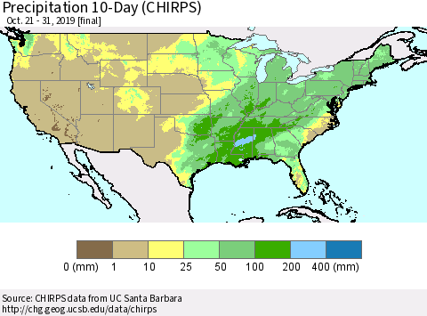 United States Precipitation 10-Day (CHIRPS) Thematic Map For 10/21/2019 - 10/31/2019