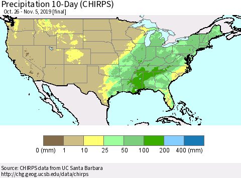 United States Precipitation 10-Day (CHIRPS) Thematic Map For 10/26/2019 - 11/5/2019