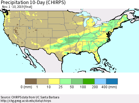 United States Precipitation 10-Day (CHIRPS) Thematic Map For 11/1/2019 - 11/10/2019