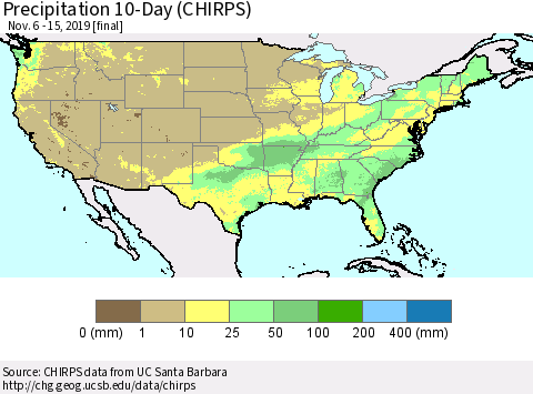 United States Precipitation 10-Day (CHIRPS) Thematic Map For 11/6/2019 - 11/15/2019