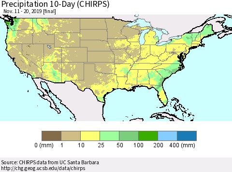 United States Precipitation 10-Day (CHIRPS) Thematic Map For 11/11/2019 - 11/20/2019