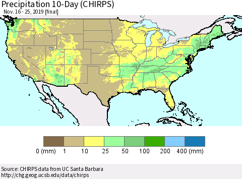 United States Precipitation 10-Day (CHIRPS) Thematic Map For 11/16/2019 - 11/25/2019