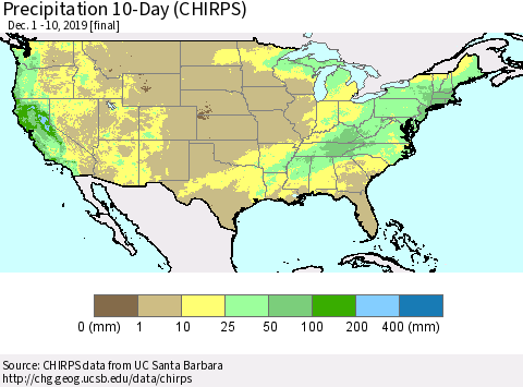 United States Precipitation 10-Day (CHIRPS) Thematic Map For 12/1/2019 - 12/10/2019