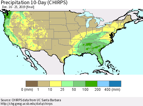 United States Precipitation 10-Day (CHIRPS) Thematic Map For 12/16/2019 - 12/25/2019