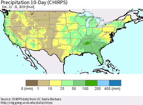 United States Precipitation 10-Day (CHIRPS) Thematic Map For 12/21/2019 - 12/31/2019