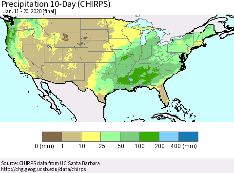 United States Precipitation 10-Day (CHIRPS) Thematic Map For 1/11/2020 - 1/20/2020