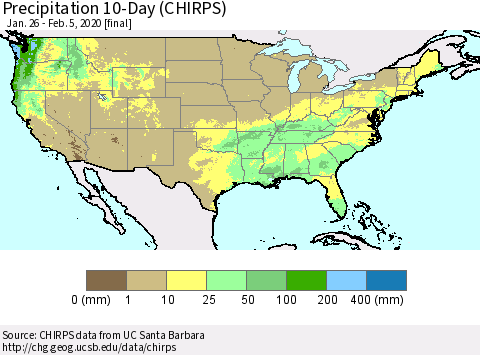 United States Precipitation 10-Day (CHIRPS) Thematic Map For 1/26/2020 - 2/5/2020