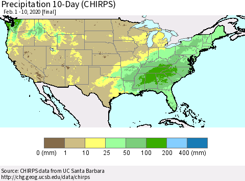 United States Precipitation 10-Day (CHIRPS) Thematic Map For 2/1/2020 - 2/10/2020