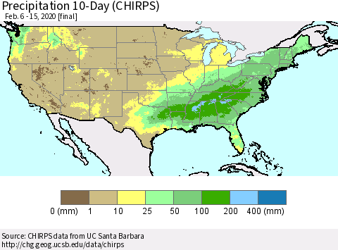 United States Precipitation 10-Day (CHIRPS) Thematic Map For 2/6/2020 - 2/15/2020