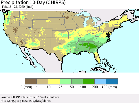 United States Precipitation 10-Day (CHIRPS) Thematic Map For 2/16/2020 - 2/25/2020