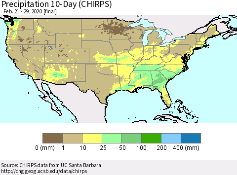 United States Precipitation 10-Day (CHIRPS) Thematic Map For 2/21/2020 - 2/29/2020