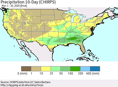 United States Precipitation 10-Day (CHIRPS) Thematic Map For 3/1/2020 - 3/10/2020