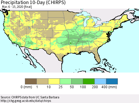 United States Precipitation 10-Day (CHIRPS) Thematic Map For 3/6/2020 - 3/15/2020