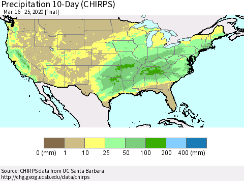 United States Precipitation 10-Day (CHIRPS) Thematic Map For 3/16/2020 - 3/25/2020