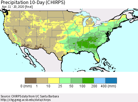 United States Precipitation 10-Day (CHIRPS) Thematic Map For 4/11/2020 - 4/20/2020