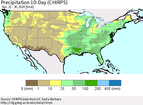 United States Precipitation 10-Day (CHIRPS) Thematic Map For 4/21/2020 - 4/30/2020