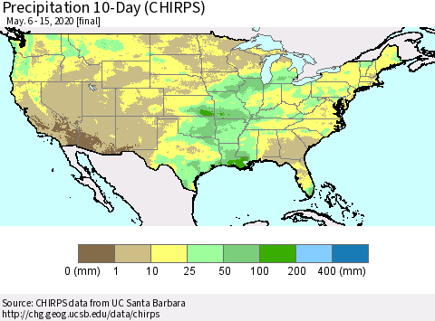 United States Precipitation 10-Day (CHIRPS) Thematic Map For 5/6/2020 - 5/15/2020