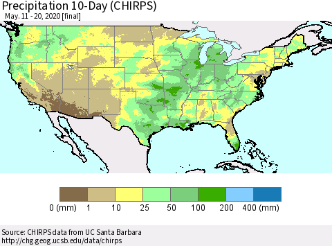 United States Precipitation 10-Day (CHIRPS) Thematic Map For 5/11/2020 - 5/20/2020