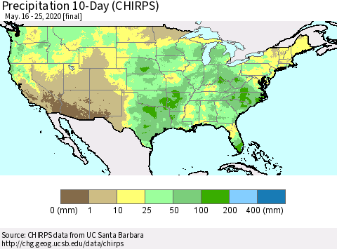 United States Precipitation 10-Day (CHIRPS) Thematic Map For 5/16/2020 - 5/25/2020