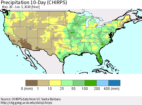 United States Precipitation 10-Day (CHIRPS) Thematic Map For 5/26/2020 - 6/5/2020