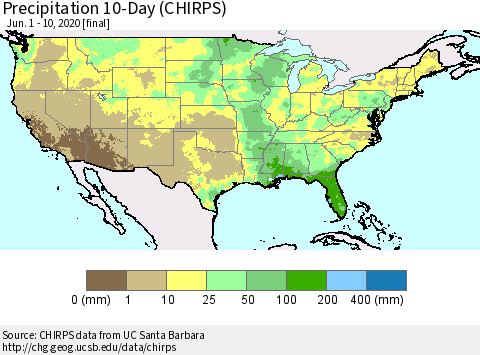 United States Precipitation 10-Day (CHIRPS) Thematic Map For 6/1/2020 - 6/10/2020